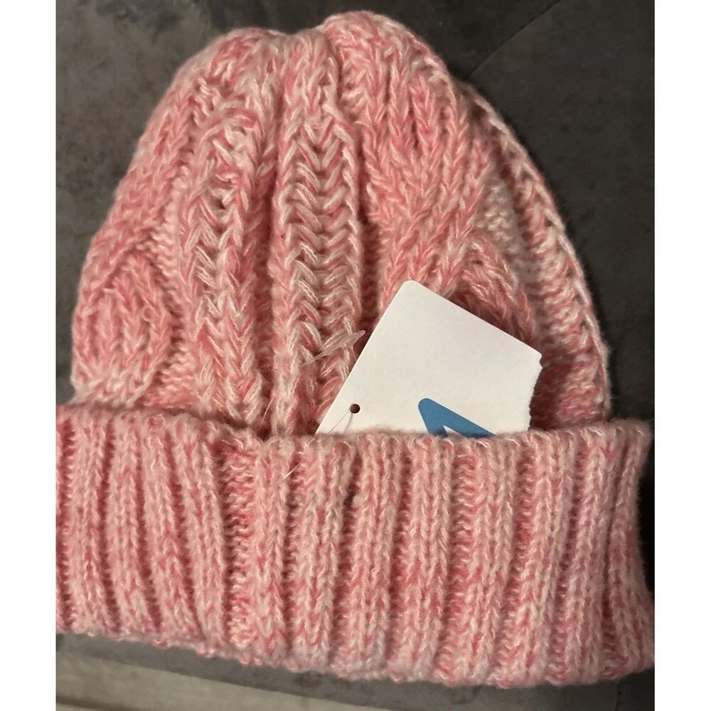 Manda Fashion Pink Cable Knit Hat One Size Beanie W/metallic Rhinestone Logo